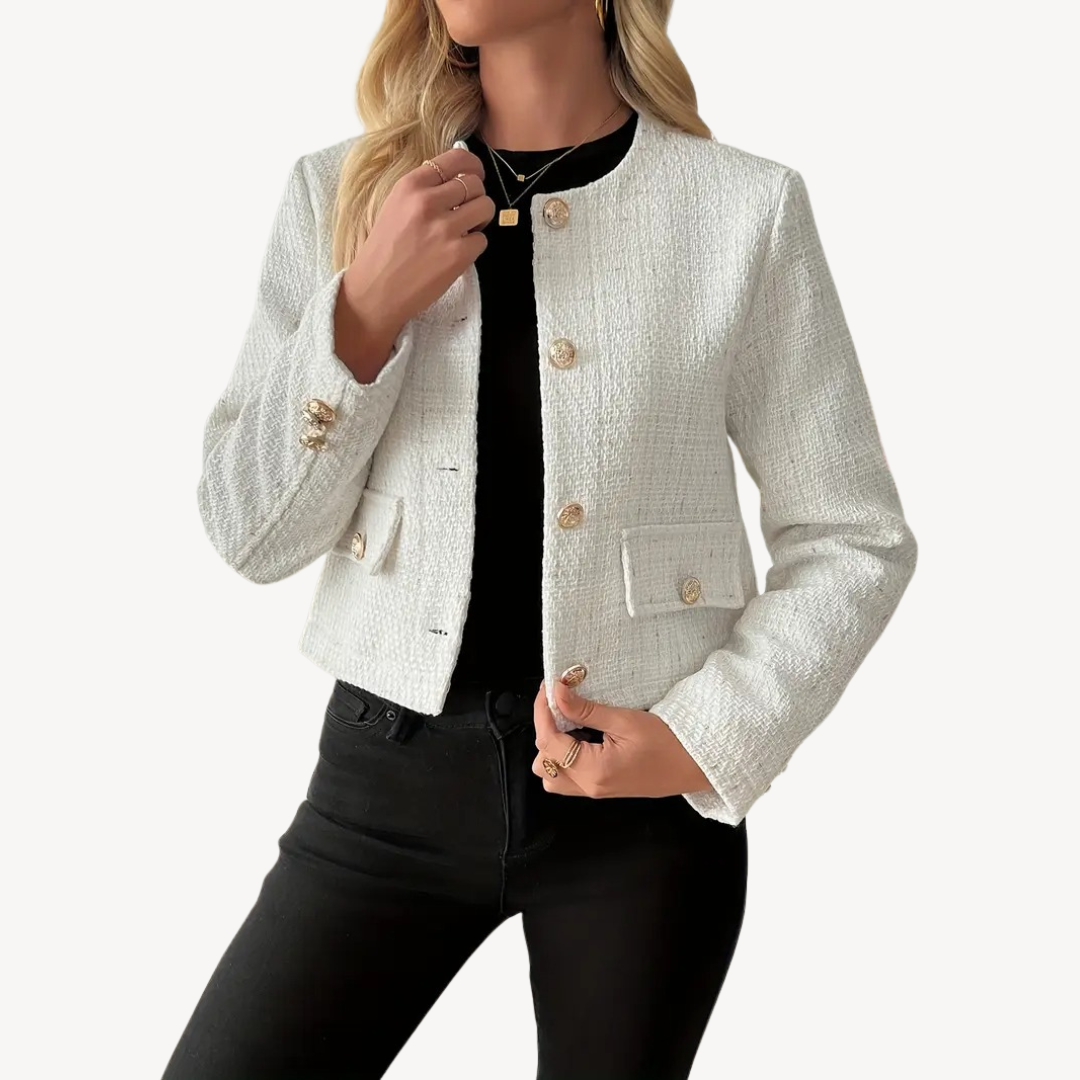 White Tweed Button-Up Blazer