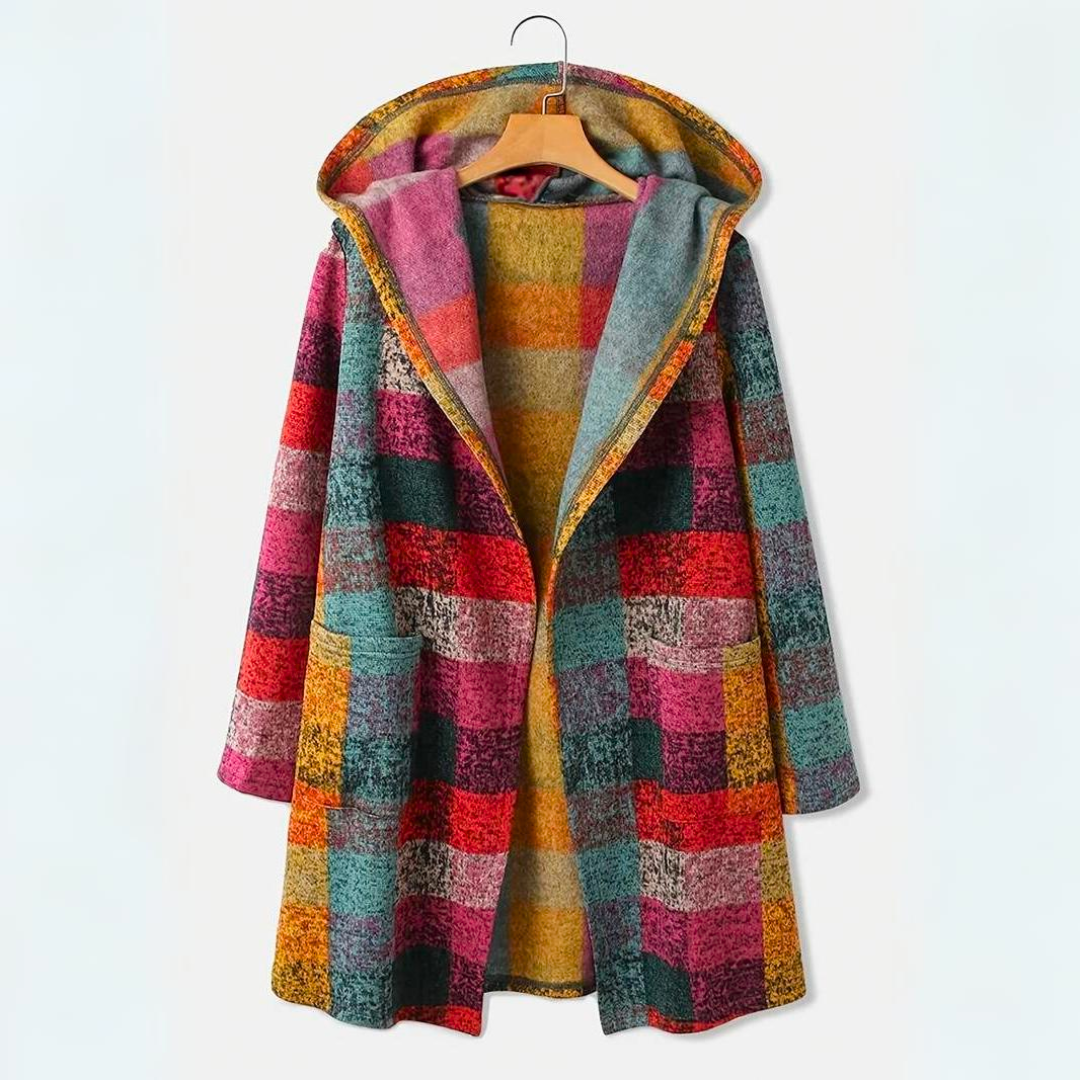 Cozy Women's Colorful Plaid Hooded Cardigan Sweater