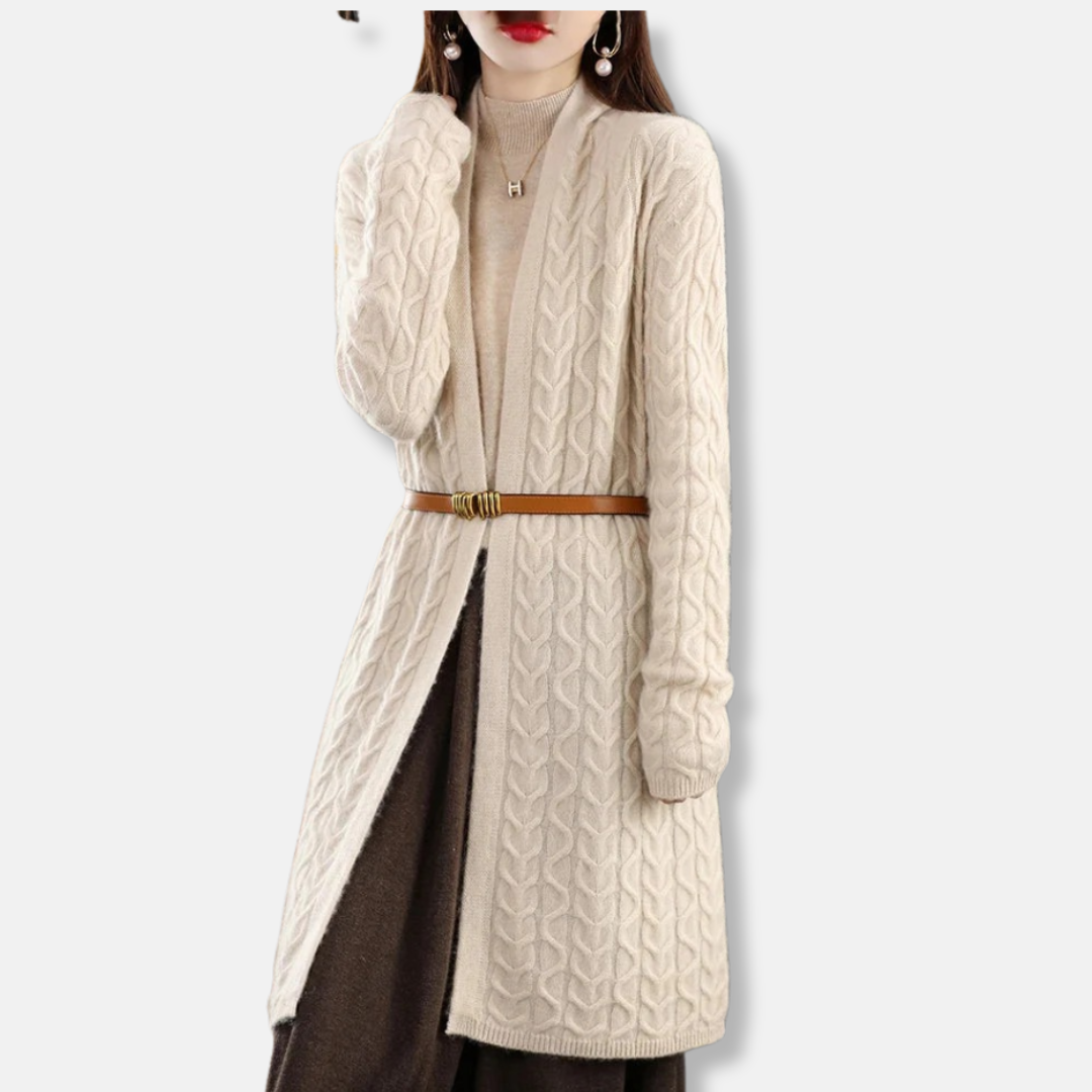 Women’s Long Cardigan – Wool Knit – Relaxed Fit – Cable Pattern – Belted Waist