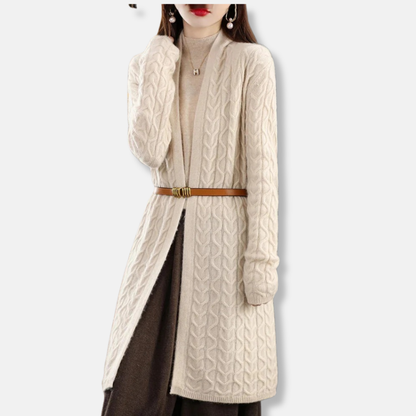 Women’s Long Cardigan – Wool Knit – Relaxed Fit – Cable Pattern – Belted Waist
