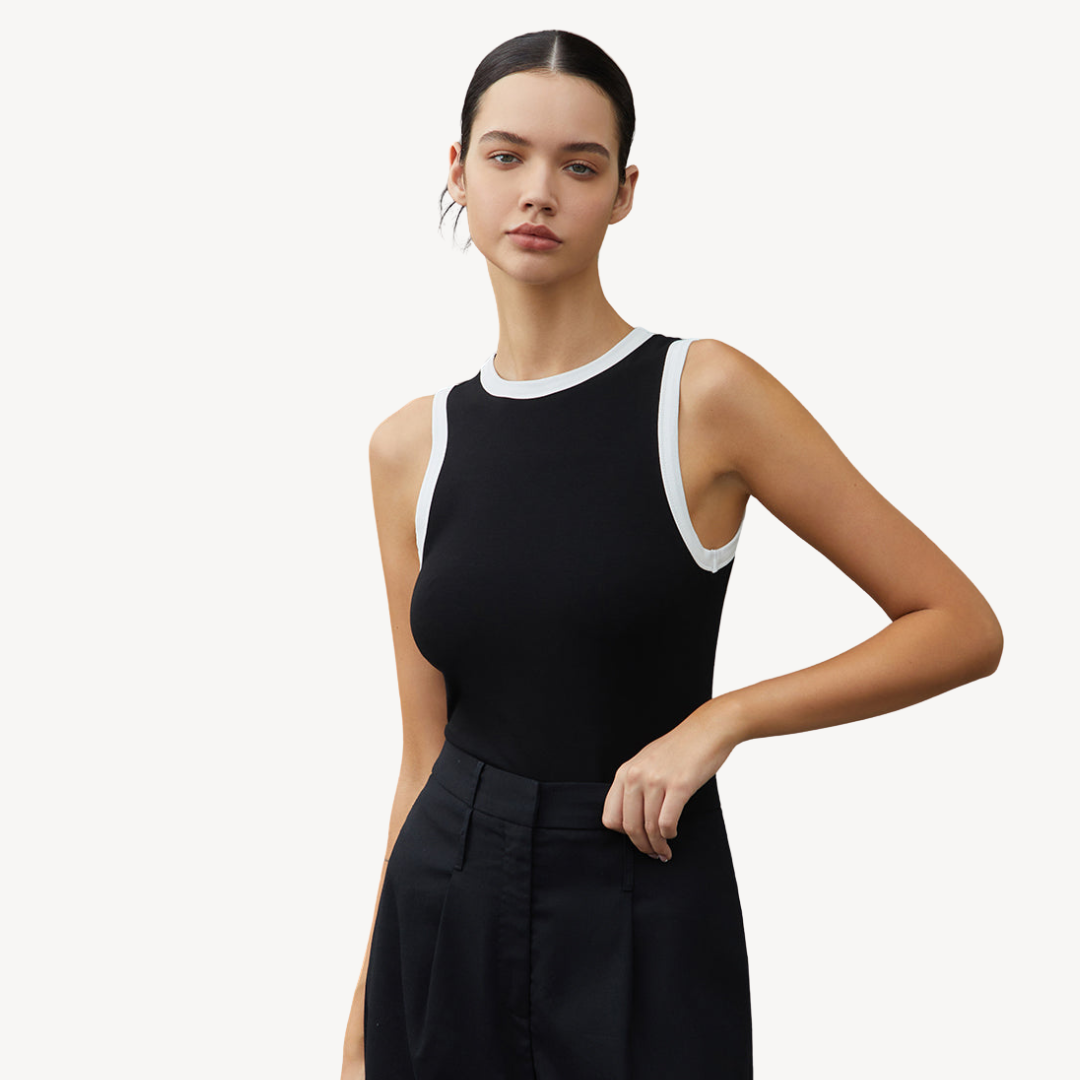 Black Sleeveless Tank Top with White Trim for Women