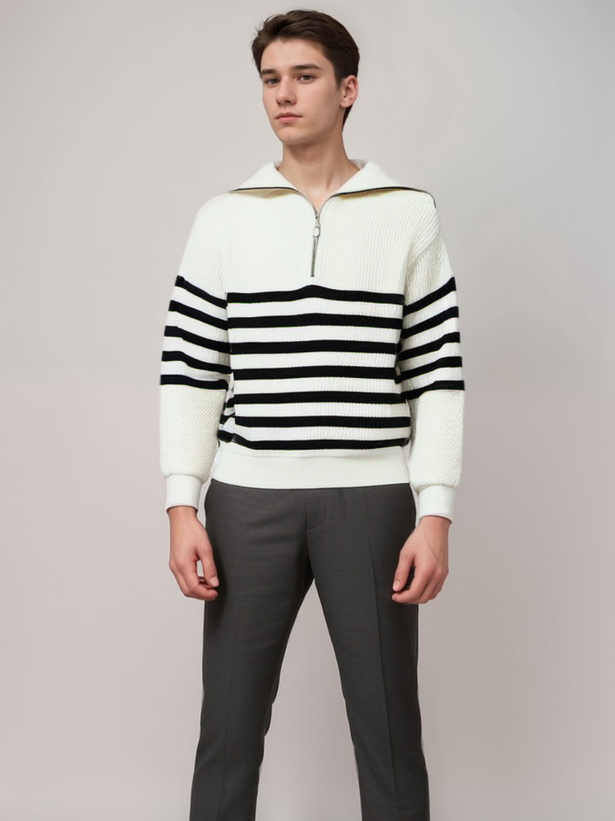 Warm Mens Striped Zip Knit Sweater