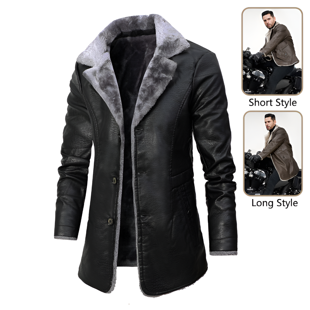 Men’s Faux Leather Long Coat with Warm Fur Collar