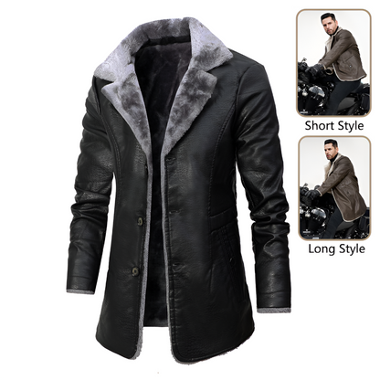 Men’s Faux Leather Long Coat with Warm Fur Collar