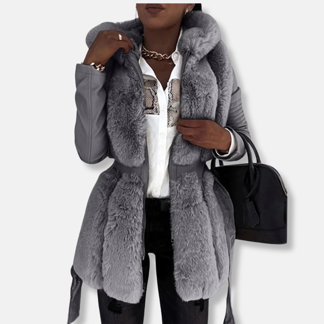 Women’s Mid-Length Coat – Tailored Fit – Imitation Fur Front – Belted Waist – Long Sleeve