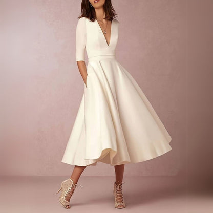 Midi V-Neck Dress Women White