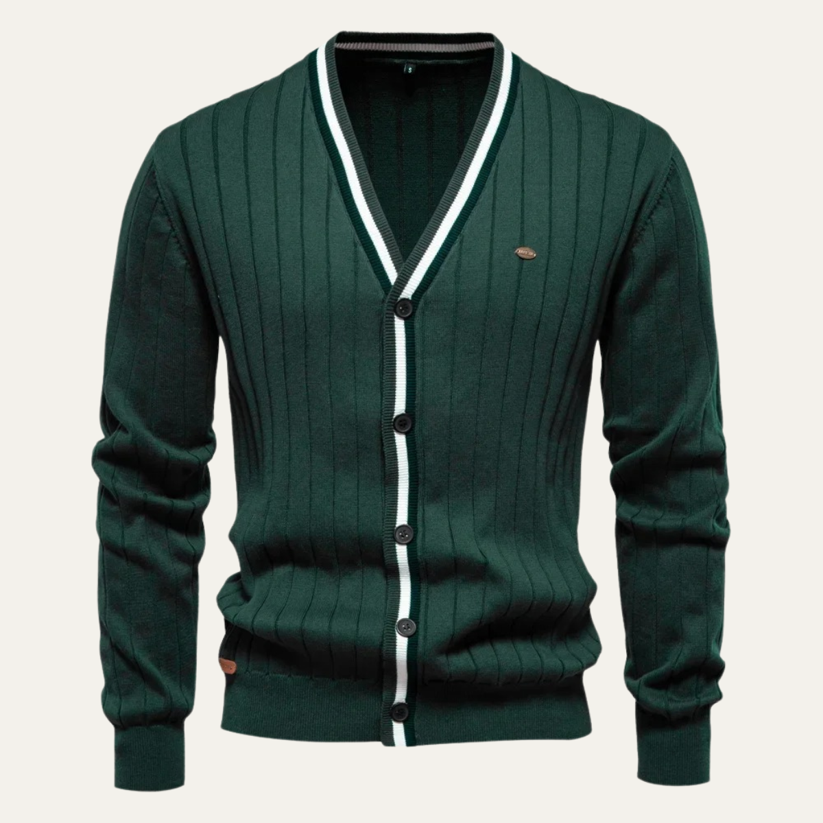 Men’s V Neck Rib Knit Cardigan with Striped Trim