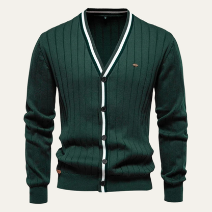 Men’s V Neck Rib Knit Cardigan with Striped Trim