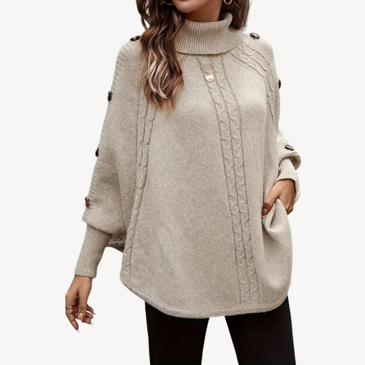 Cable Knit Poncho Sweater with Button Detail for Women