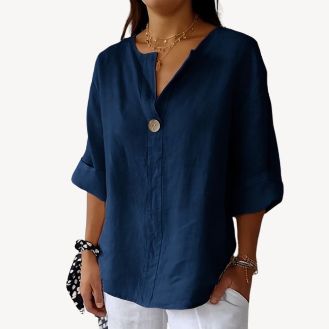 Women's Linen Long Sleeve V-Neck Blouse