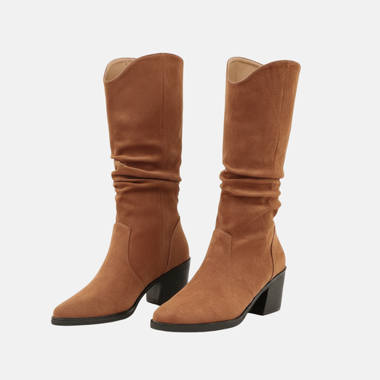 Women’s High Boots – Suede Finish – Slouch Fit – Pointed Toe – Mid Block Heel