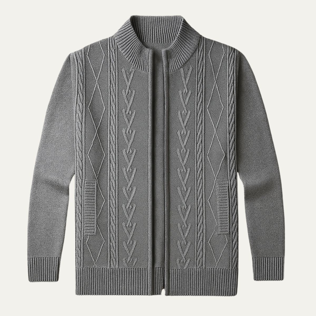 Men’s Full Zip Cable and Diamond Knit Cardigan