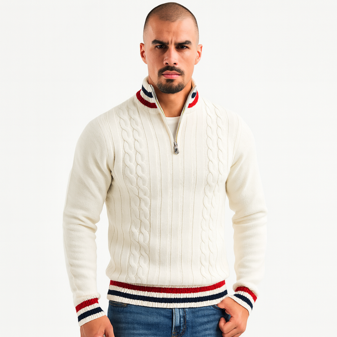 Men’s Striped Mock Neck Cable Zip Sweater