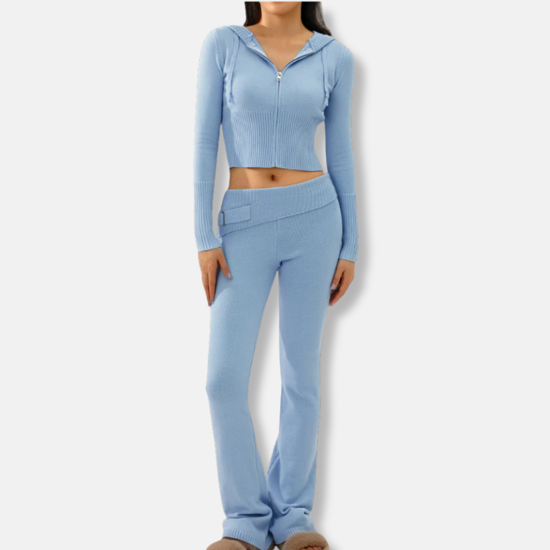 Amelia Fitted Cropped Hooded Jacket And Bootcut Pants Two-Piece Set | Ribbed Casual Loungewear