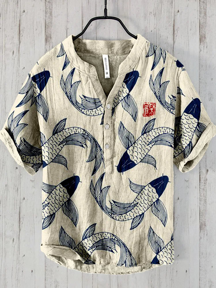 Japanese-inspired Osamu vintage fish linen shirt