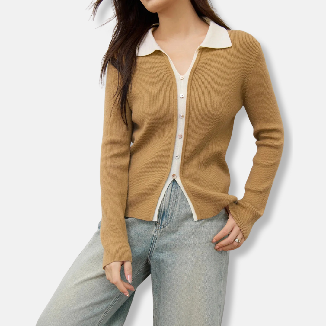 Women’s Sweater – Ribbed Texture – 2-in-1 Layered Look – Long Sleeve – Slim Fit