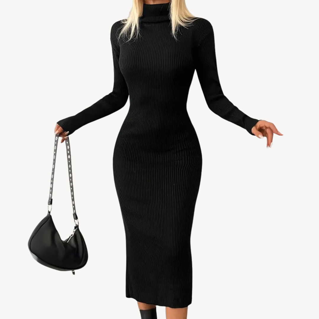 Black Ribbed Knit Turtleneck Dress for Women