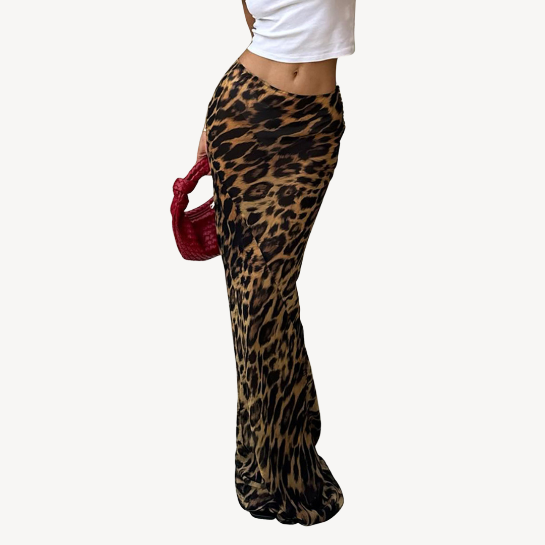 Leopard Print Ruched Bodycon Maxi Skirt Women