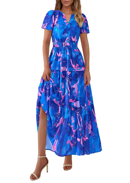 Boho Floral Short Sleeve V Neck A Line Tiered Ruffle Flowy Long Beach Vacation Maxi Dresses