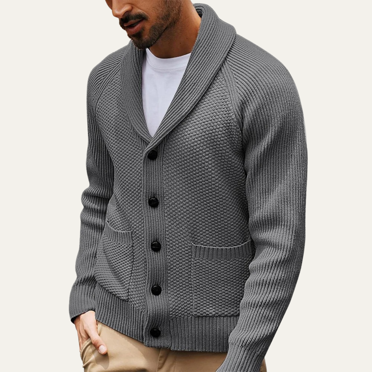 Men’s Shawl Collar Textured Knit Cardigan with Patch Pockets