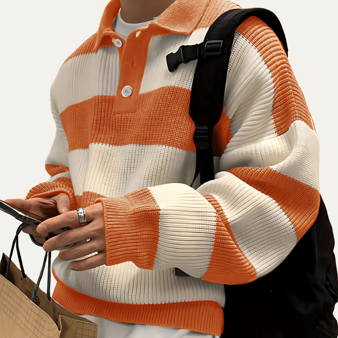 Men’s Striped Textured Knit Polo Sweater
