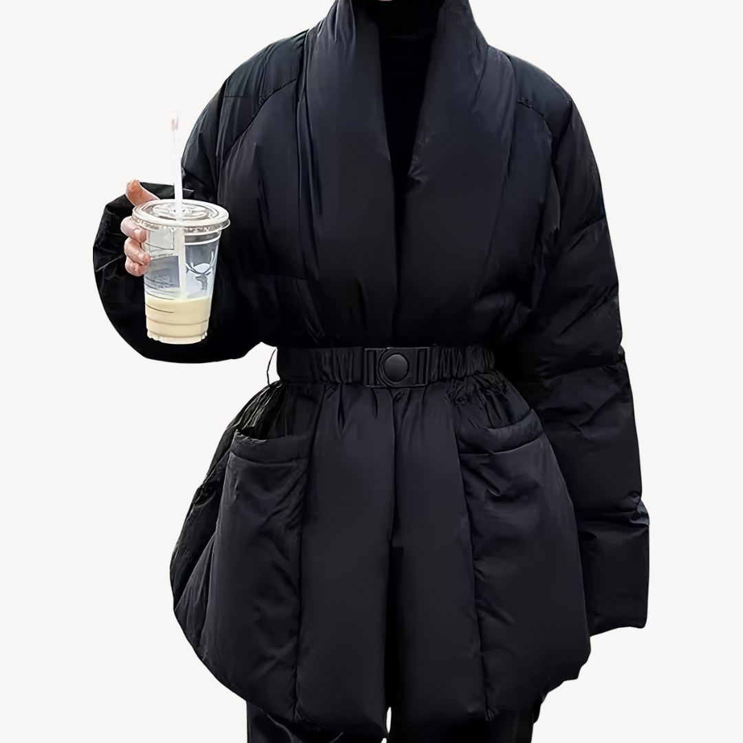 Women’s Black Puffer Jacket with Belt – Polyester