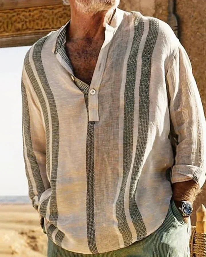 Men's striped linen shirt, grandad collar