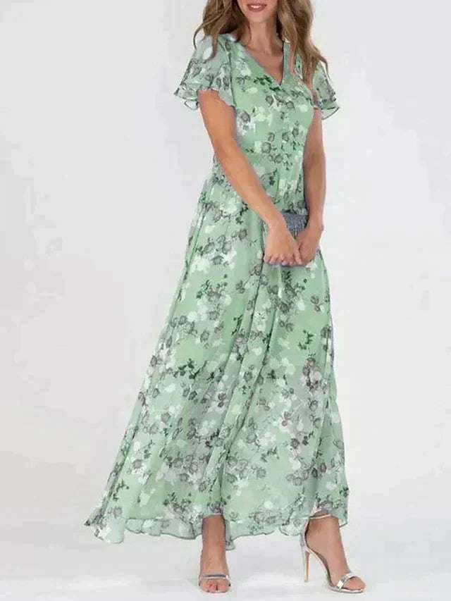 Beautiful Flower V-Neck Long Dress