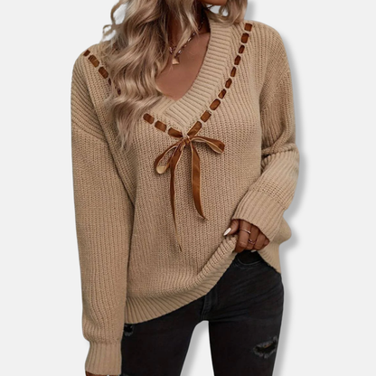 Women’s Sweatshirt – Relaxed Fit – Ribbed Knit – V-Neck with Ribbon Tie – Long Sleeve