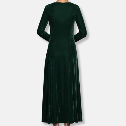 Olivia A-Line Maxi Dress | Solid Crewneck Long Sleeve Dress