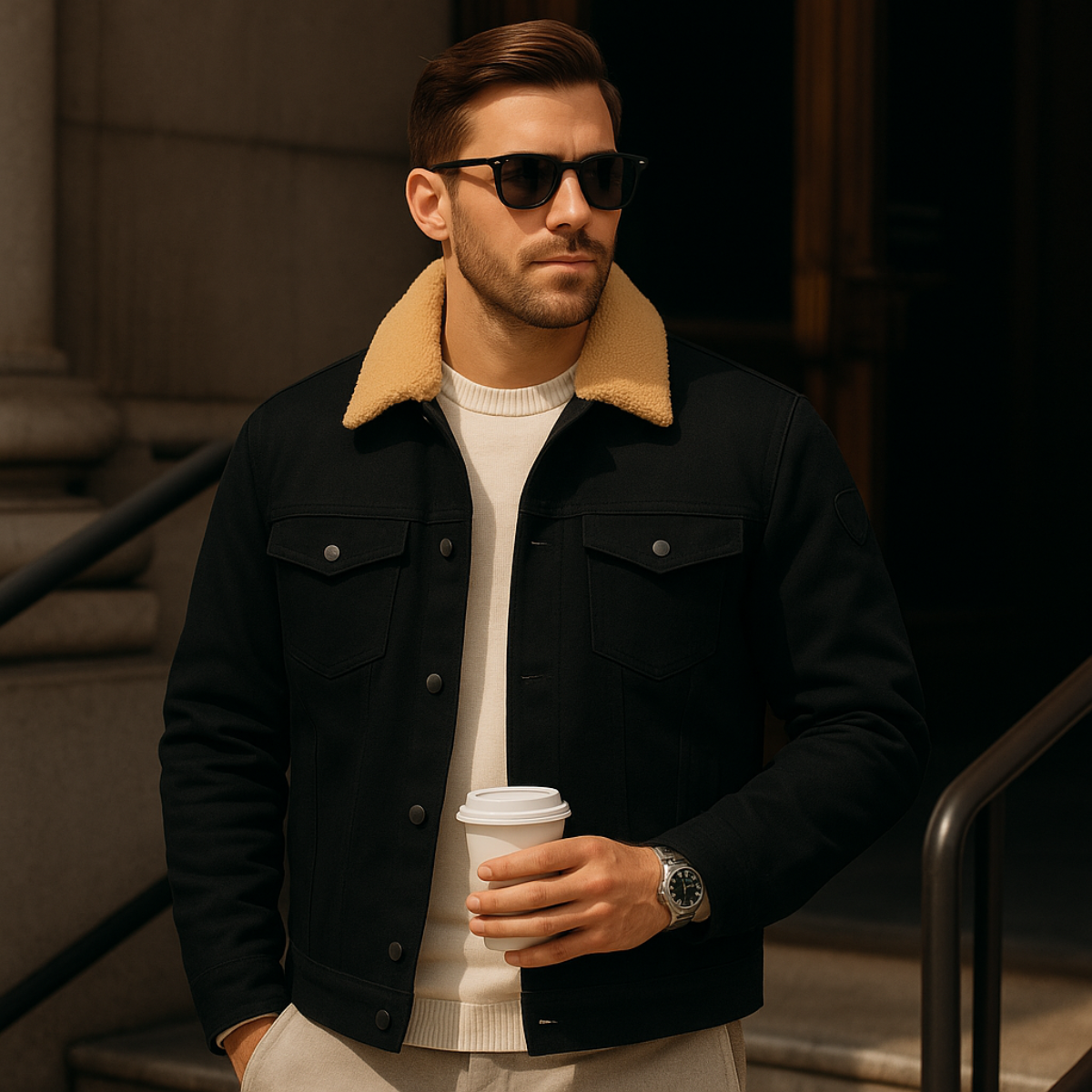 Men’s Faux Shearling Lined Trucker Shirt Jacket
