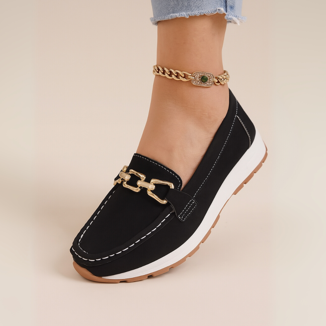 Orthopedic Suede Loafers for Women – Comfortable Slip-On Shoes with Chain Detail