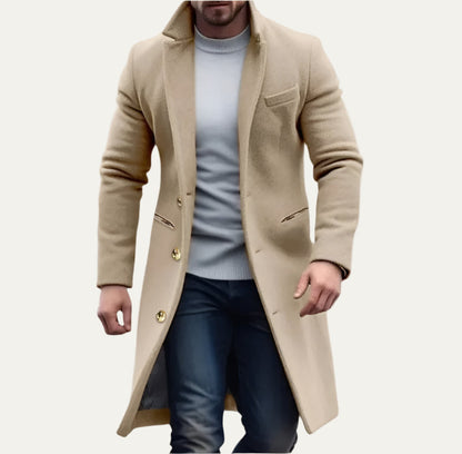 Men’s Long Wool Like Trench Coat with Notch Lapel