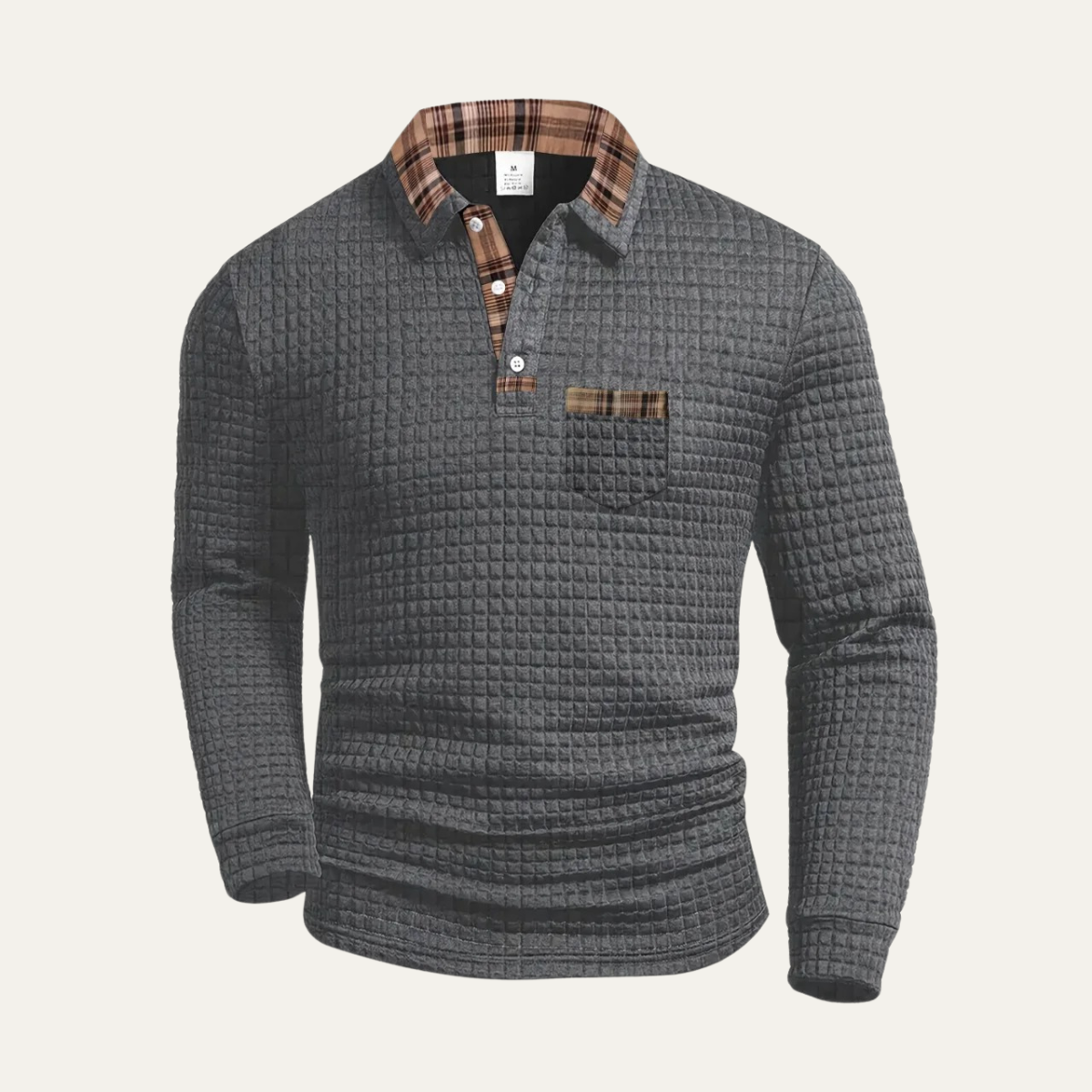 Men’s Textured Long Sleeve Polo with Plaid Collar