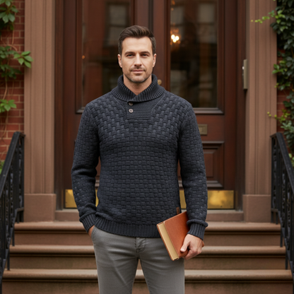 Men’s Textured Basketweave Shawl Collar Knit Sweater