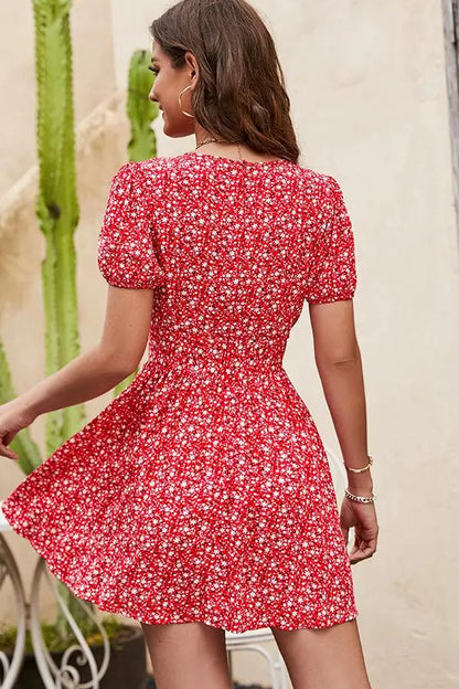 Cute Floral Print O Design V Neck Mini Dress