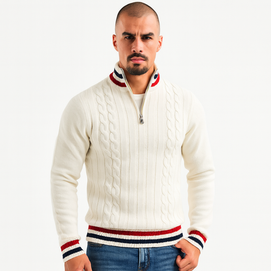 Men’s Striped Mock Neck Cable Zip Sweater