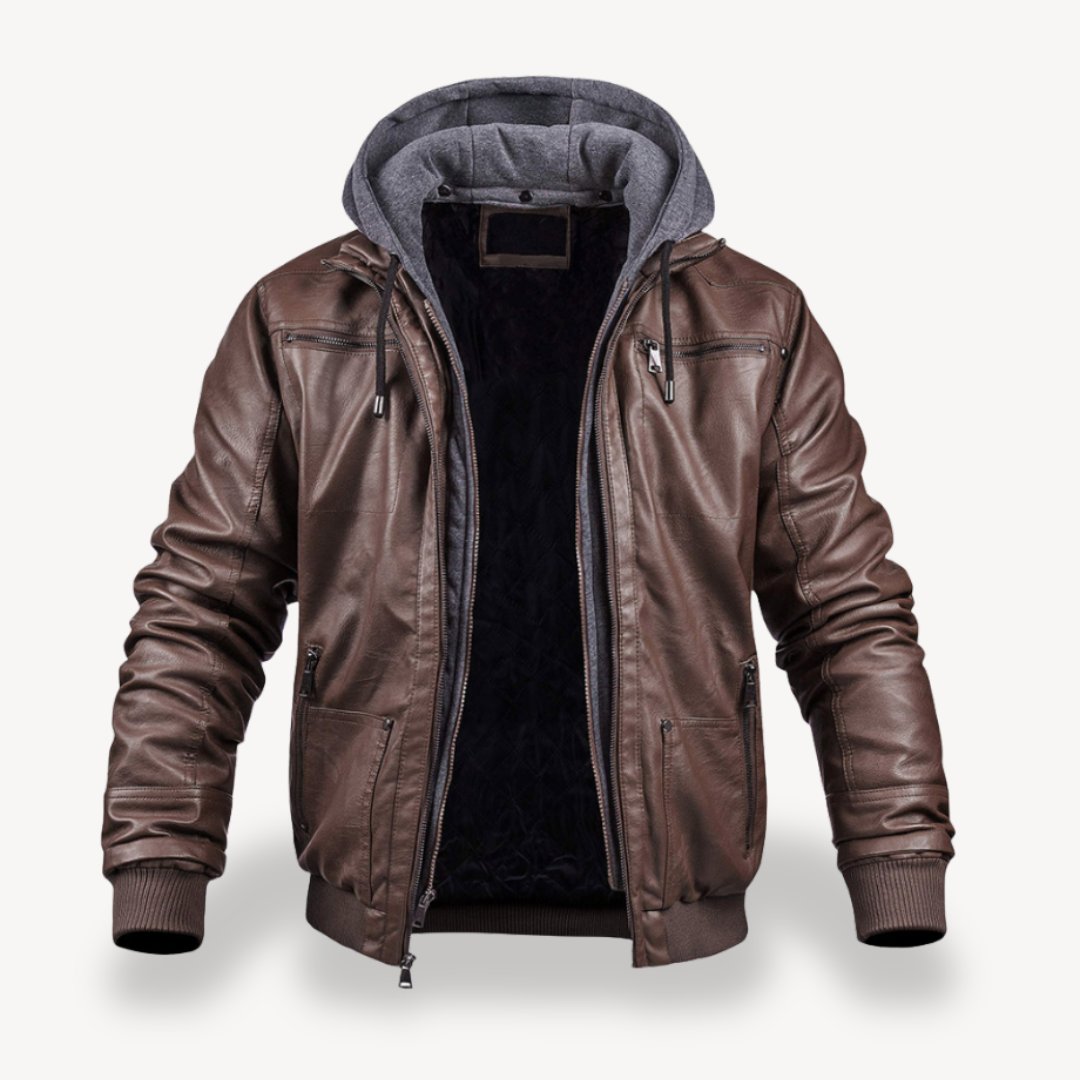 Men's Faux Leather Bomber Jacket with Hood