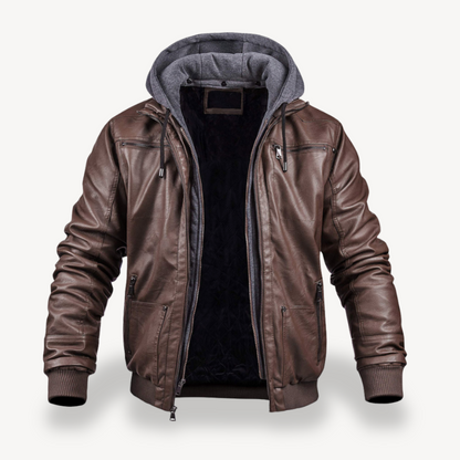 Men's Faux Leather Bomber Jacket with Hood