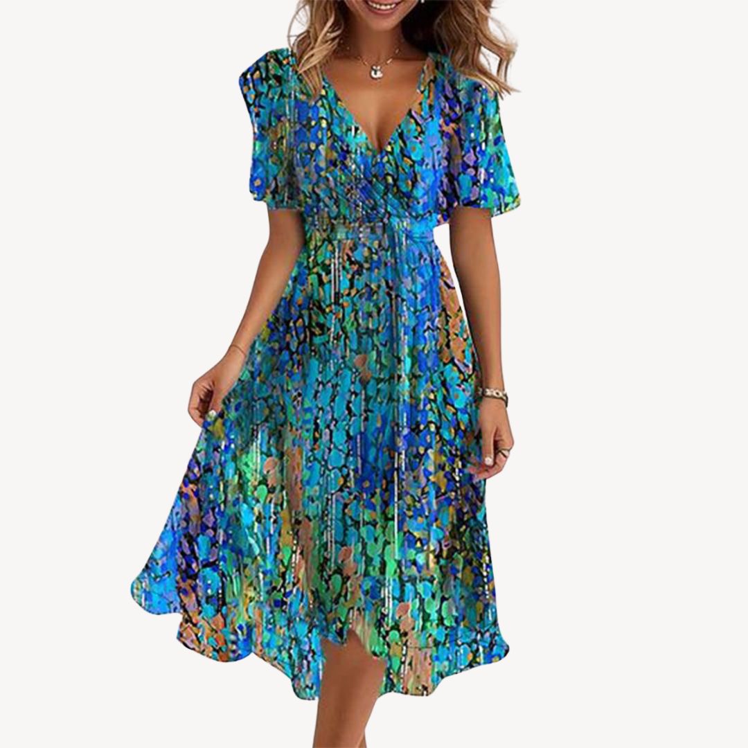 Print V-Neck Midi Dress Women