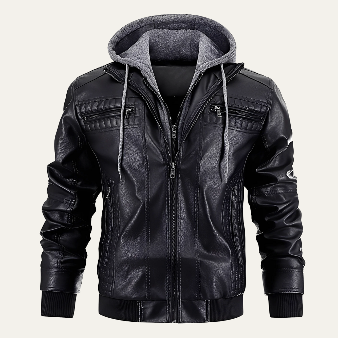 Men’s Layered Faux Leather Moto Jacket with Hood