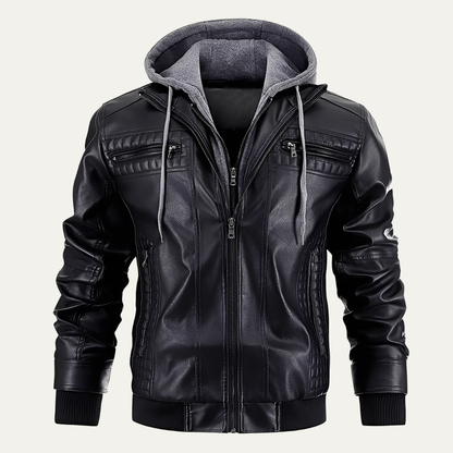 Men’s Layered Faux Leather Moto Jacket with Hood