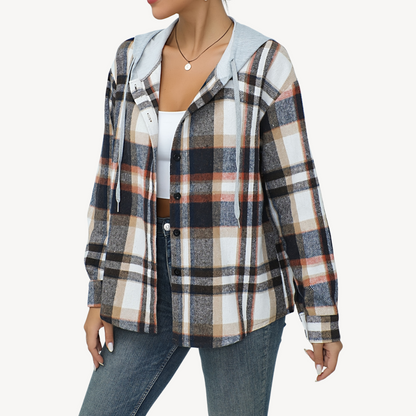 Women's Plaid Button Down Shaket with Hoodie