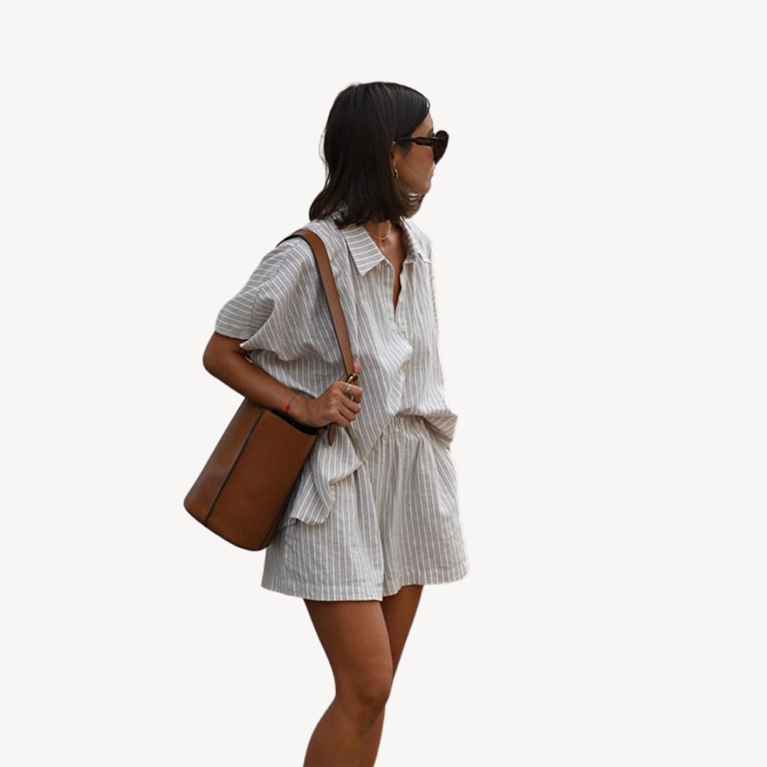 Textured Striped Linen Blend Short Set Women