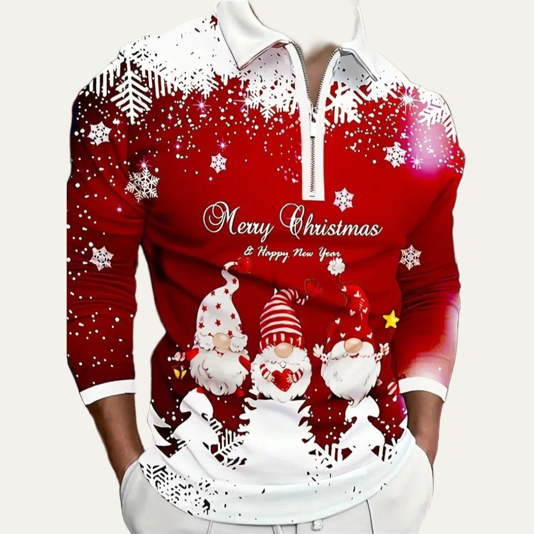 Men’s Festive Gnome Quarter-Zip Christmas Polo
