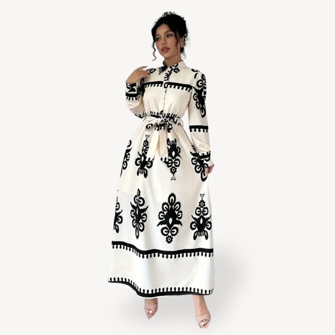 Black and White Floral Printed Maxi Dress with Belt for Women