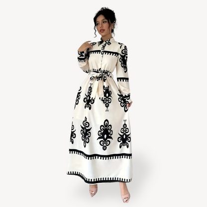 Black and White Floral Printed Maxi Dress with Belt for Women