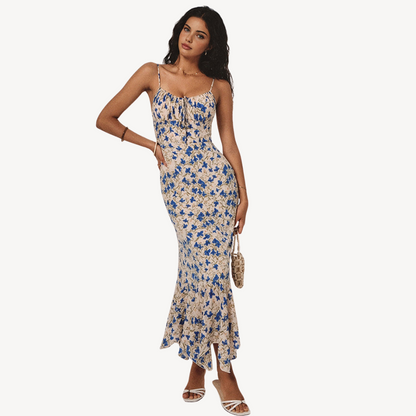 Women’s Blue and Beige Floral Maxi Dress