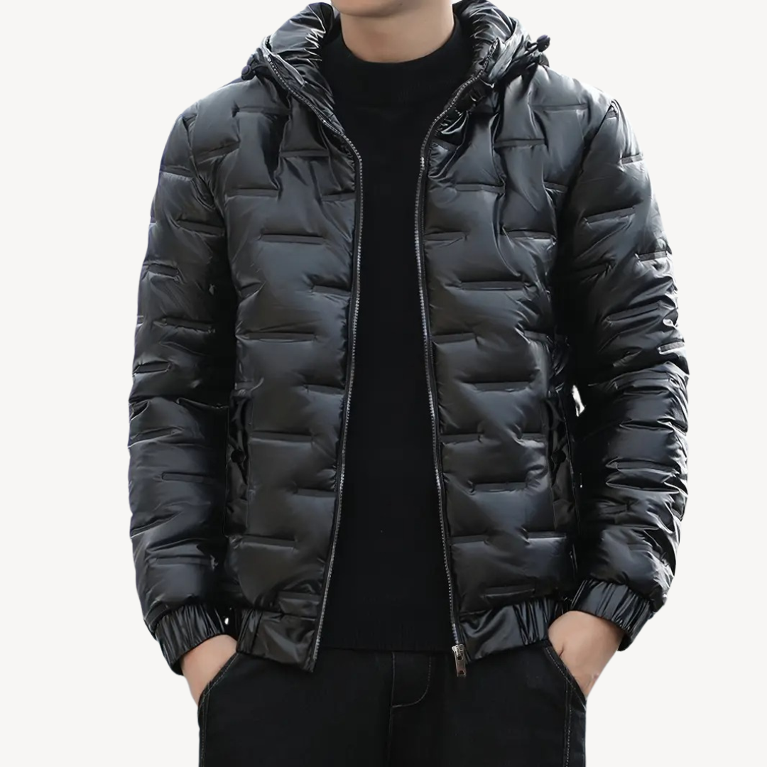 Men's Shiny Black Hooded Puffer Jacket