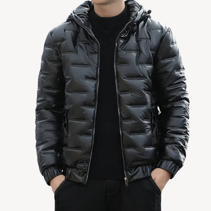 Men's Shiny Black Hooded Puffer Jacket
